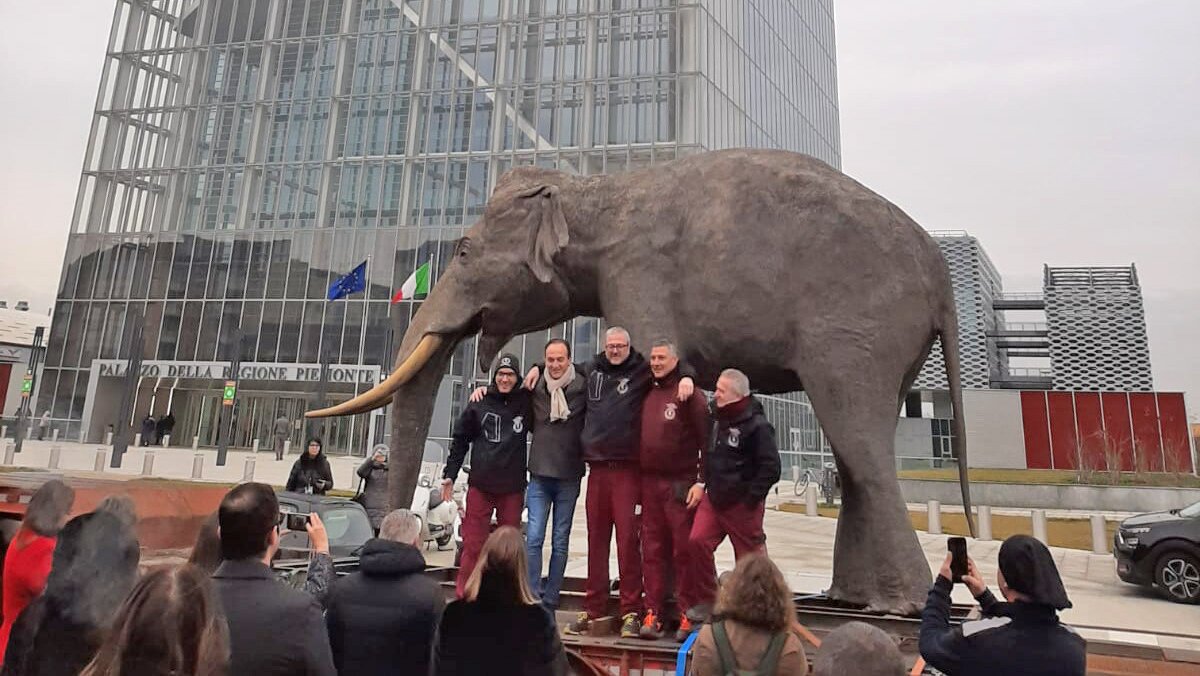 Nella fotografia: il tour dell'elefante Fritz nella tappa davanti al palazzo della Regione Piemonte.