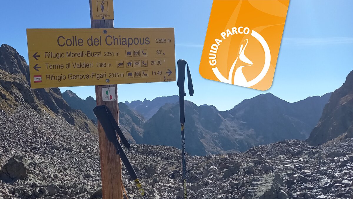 Fotografia del cartello che indica il colle del Chiapous, scattata da E. Resta