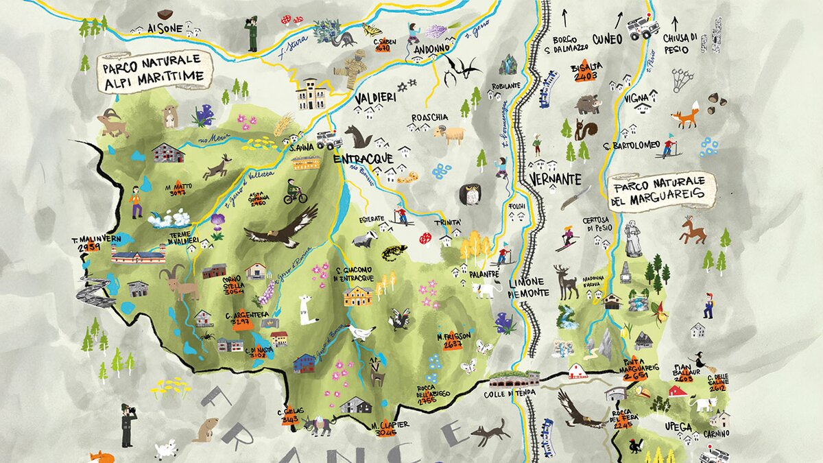 Illustrazione del territorio dei Parchi naturali delle Alpi Marittime e del Marguareis, con la rappresentazione delle principali località, dei paesaggi montani e delle peculiarità di flora, fauna ed eccellenze culturali e ambientali dell’area. Illustrazione di Agnese Blasetti. Archivio APAM. Fine descrizione dell’immagine.