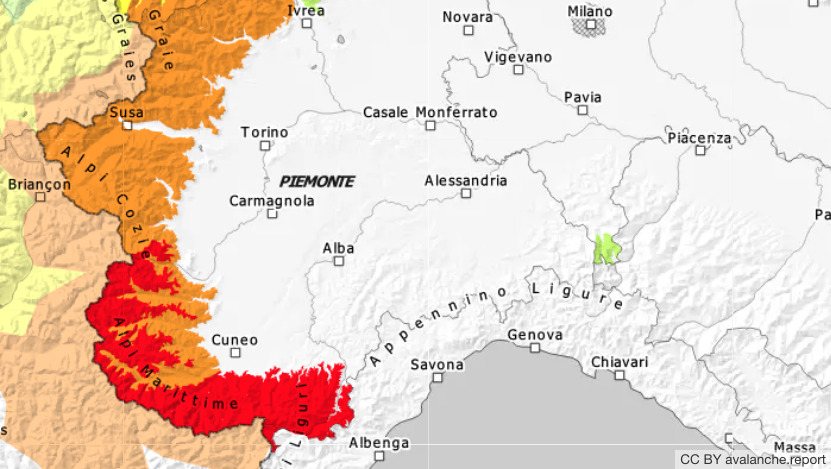 Nell'immagine Il rischio valanghe su Liguri e Marittime con il colore rosso  | Aineva fine descrizione immagine.