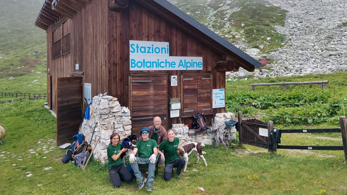 La foto mostra un gruppo di quattro persone e due cani  seduti di fronte a una casetta di legno. Le persone sono volontarie dell'associazione Amico Parco, la foto è stata scattata nei pressi della stazione botanica alpina Bicknell, vicino al rifugio Garelli. Fine descrizione foto.