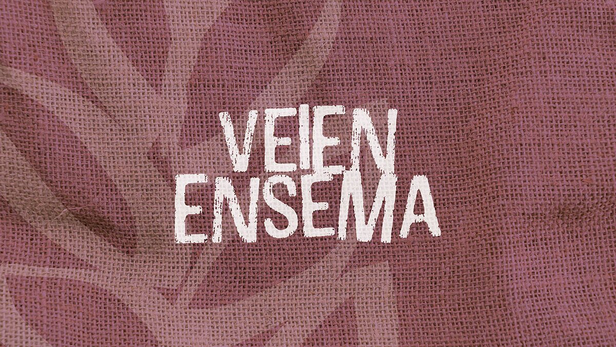 Cover della rassegna “Veien ensema” dell’Ecomuseo della Segale: scritta bianca centrale su sfondo in trama di juta rosata con logo dell'Ecomuseo della Segale sullo sfondo, tono su tono. Fine descrizione della fotografia.